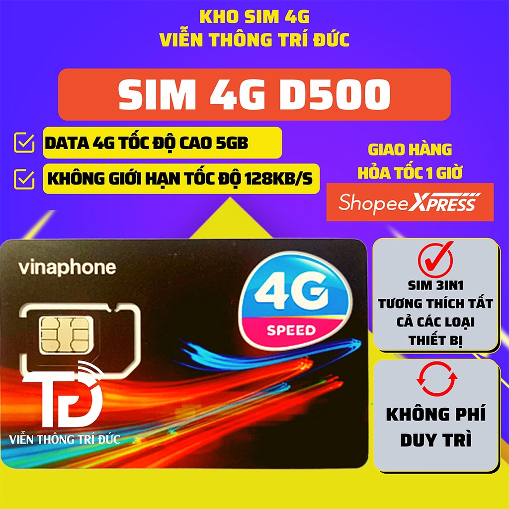 Sim 4G Viettel Trọn Gói 1 Năm D500/D500T/12UMAX50N, Vinaphone D500 Data 5Gb/Tháng, Sim 4G 1 Năm Data Không giới hạn