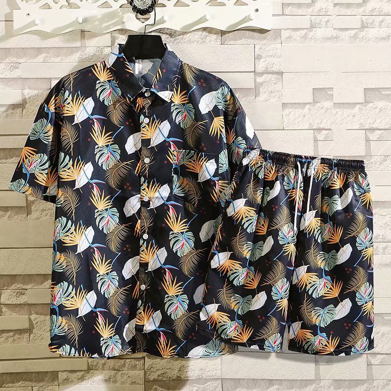 Set Áo Sơ Mi Ngắn Tay In Họa Tiết Hoa + Quần short Thời Trang Đi Biển Phong Cách Hawaii Cho Nam