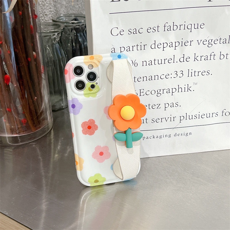 Ốp Điện Thoại Nén Khí Chống Sốc In Hình Hoa Nhỏ Màu Cam Có Dây Đeo Cổ Tay Cho iPhone12 11 xs 13pro xs
