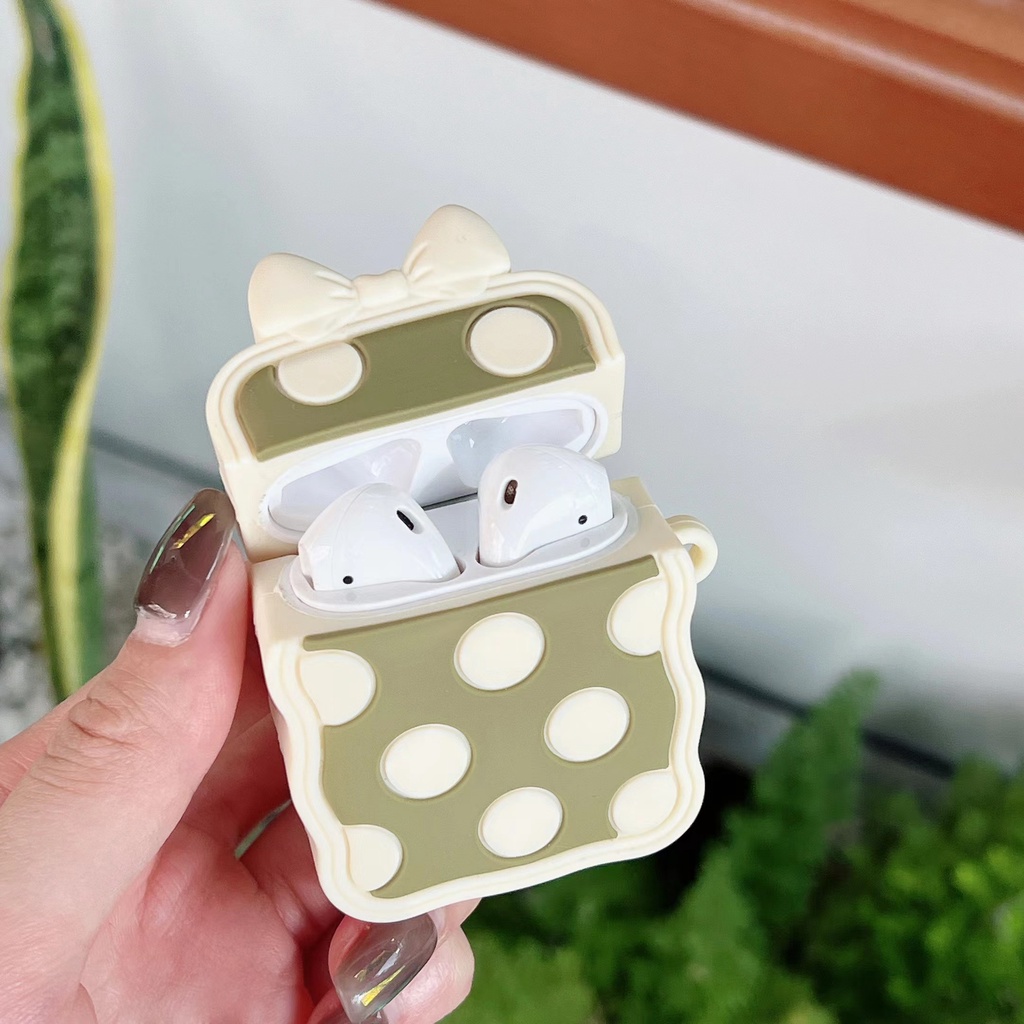 Vỏ Bảo Vệ Hộp Sạc Tai Nghe airpods Pro 1 / 2 / 3 Bằng Silicon Họa Tiết Chấm Bi Màu Xanh matcha Hoạt Hình Dễ Thương