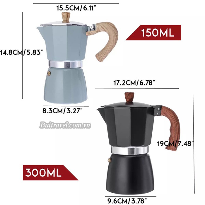 Ấm pha trà, cafe dã ngoại 150ml và 300ml - Bình pha cafe Moka du lịch nhỏ gọn- Bụi Travel