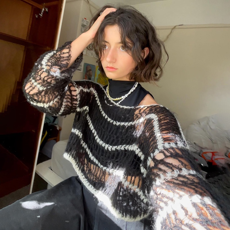 Áo Sweater Dệt Kim Tay Dài Dáng Rộng Kiểu Đường Phố Thời Trang Cho Nữ