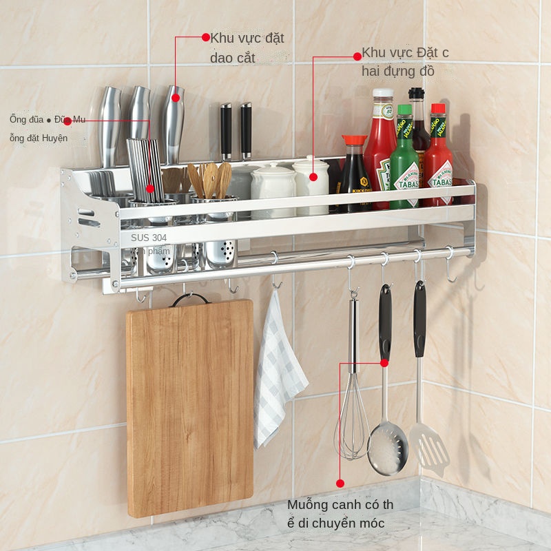 Kệ bếp inox dày SUS304 treo tường đục lỗ cung cấp gia vị miễn phí Giá để đồ gia dụng Hộp đựng gia vị đa năng