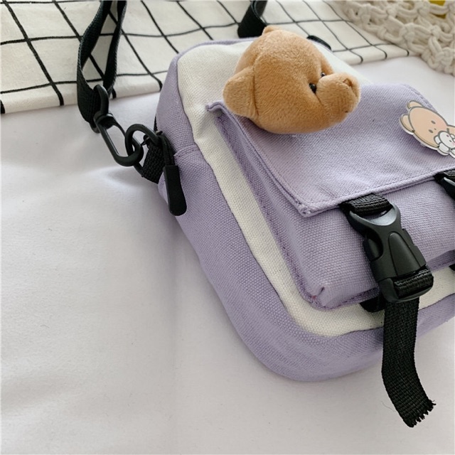 Túi đeo chéo phối màu kèm gấu bông (hình thật + có thể tháo rời)