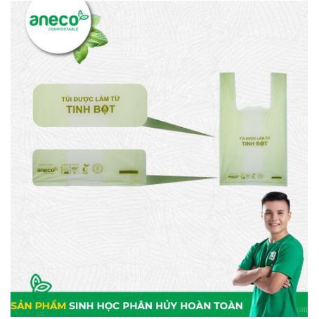 Túi tự hủy sinh học Aneco shopping đóng gói có quai xách dạng thếp màu xanh