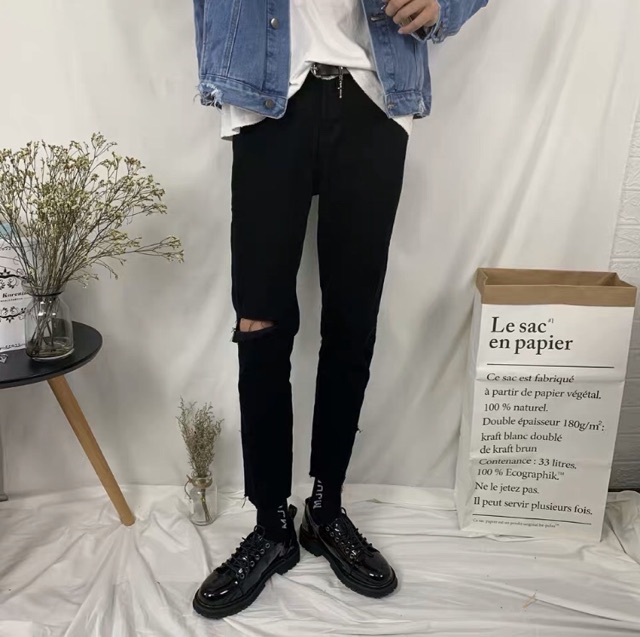 [Tiền Nào Của Đấy]Quần Jean Nam Rách Gối Phải Màu Đen Vải Co Giãn, Không Phai Màu Phong Cách Hàn Quốc -J08