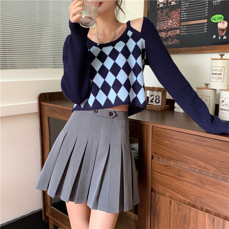 QADCOL Áo dệt kim tay dài dáng ôm họa tiết hình thoi xinh xắn tùy chọn màu sắc cho nữ