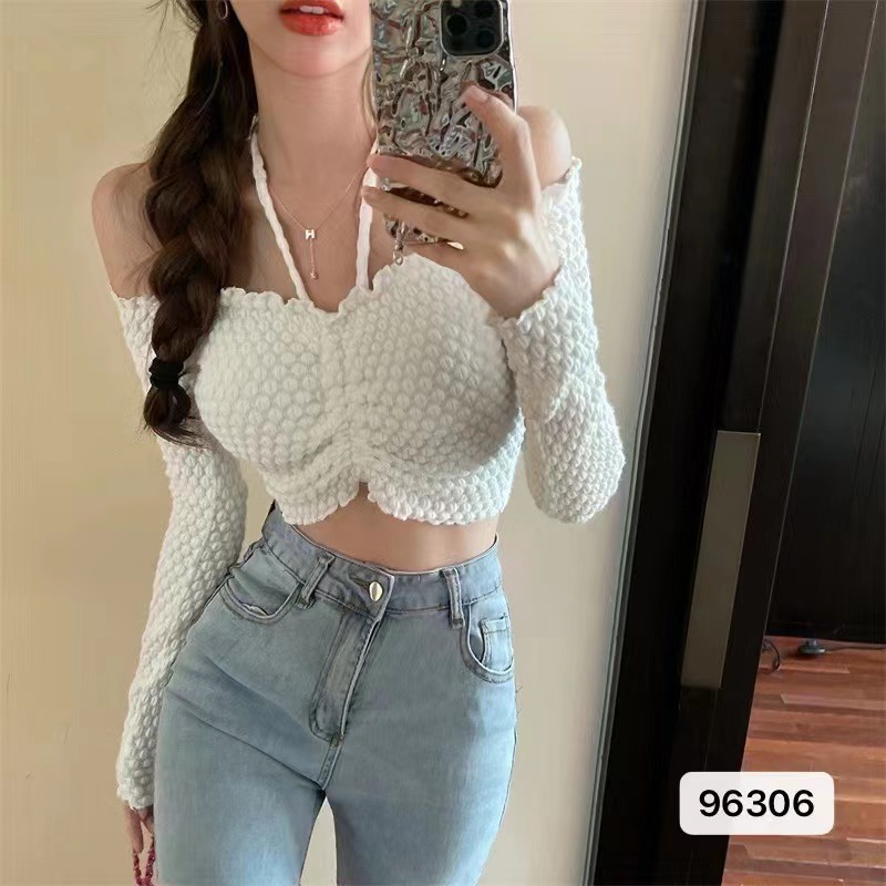 DUNEA Áo Thun Trễ Vai Dài Tay Phối Dây Rút Gợi Cảm Cho Nữ