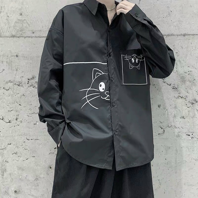 ÁO SƠMI LỤA IN MÈO FORM UNISEX (kèm hình chụp thật)