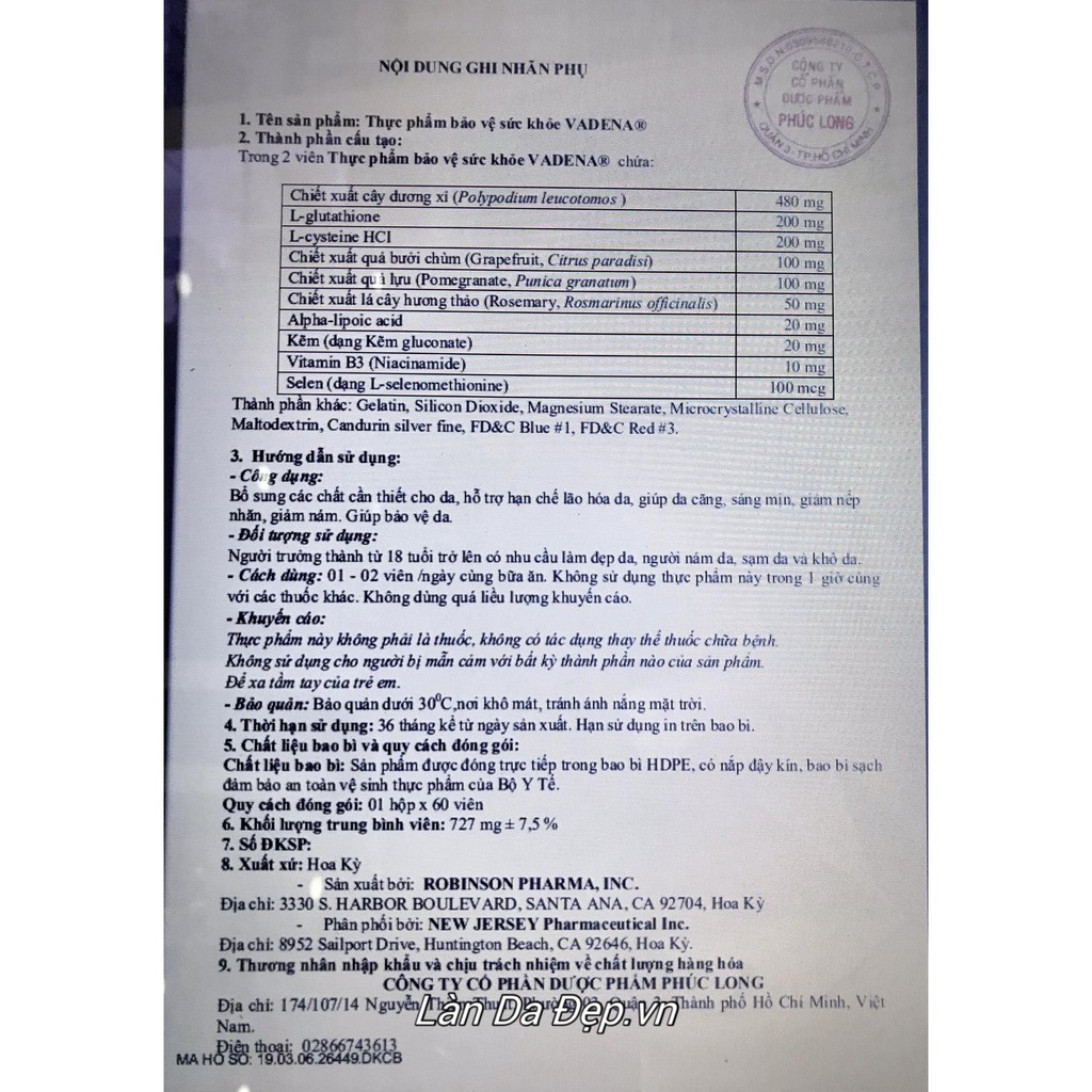 (HÀNG CHÍNH HÃNG Làn Da Đẹp) - VADENA PURE WHITE - Viên uống chống nắng sáng da | BigBuy360 - bigbuy360.vn