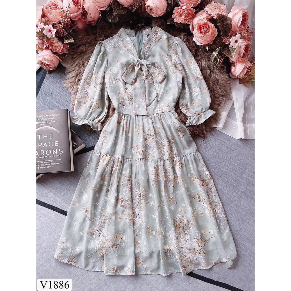 VNU272 - VÁY XANH HOA NÂU NỔI CỔ NƠ | BigBuy360 - bigbuy360.vn