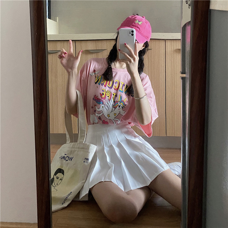 Ins Women's Short-Sleeved T-Shirt Summer Korean Style Trendy Harajuku Bf Student Loose Cartoon Top