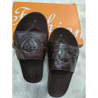 Dép da quai ngang dập vân họa tiết - Màu nâu, keo và đế bảo hành 12 tháng - Size 39/40/41/42/43/44
