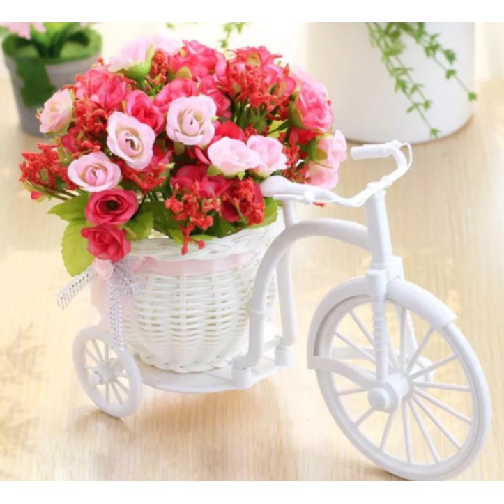 Giỏ xe đạp giả mây hoa hồng giả cắm sẵn trang trí bàn