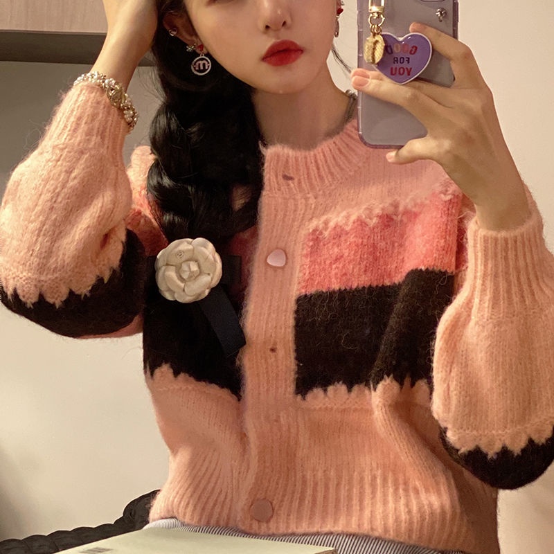 Áo khoác len Cardigan dáng rộng ngắn màu tương phản thời trang thu đông cho nữ