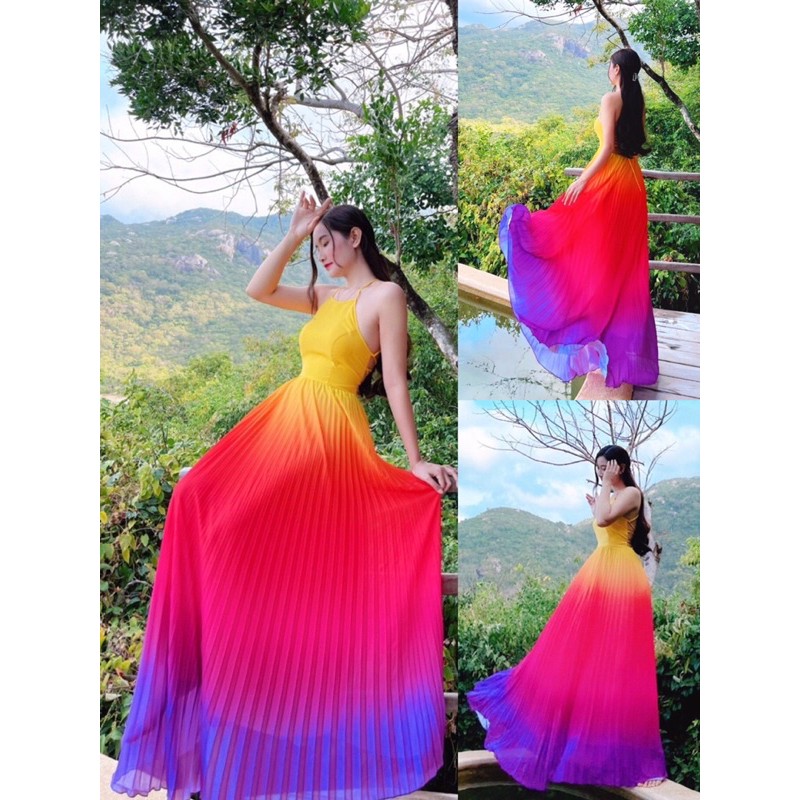 (miễn phí chỉnh váy) đầm maxi yếm dập li màu loang ombre cầu vồng nhiều màu đi biển du lịch chụp hình sống ảo | BigBuy360 - bigbuy360.vn