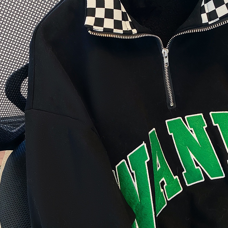 Áo thun polo ZHELIHANGFEI tay dài có dây kéo form rộng phong cách preppy Mỹ thời trang