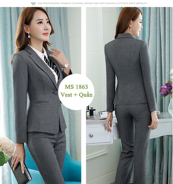 Set bộ vest công sở tay dài cao cấp loại 1 gồm áo vest 2 lớp và quần tây size M L XL