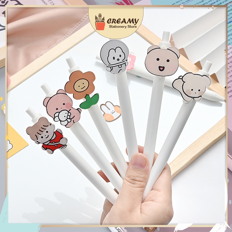 Bút bi bấm gắn hình dễ thương CREAMY, bút bi cute ngòi 0,5mm mực đen