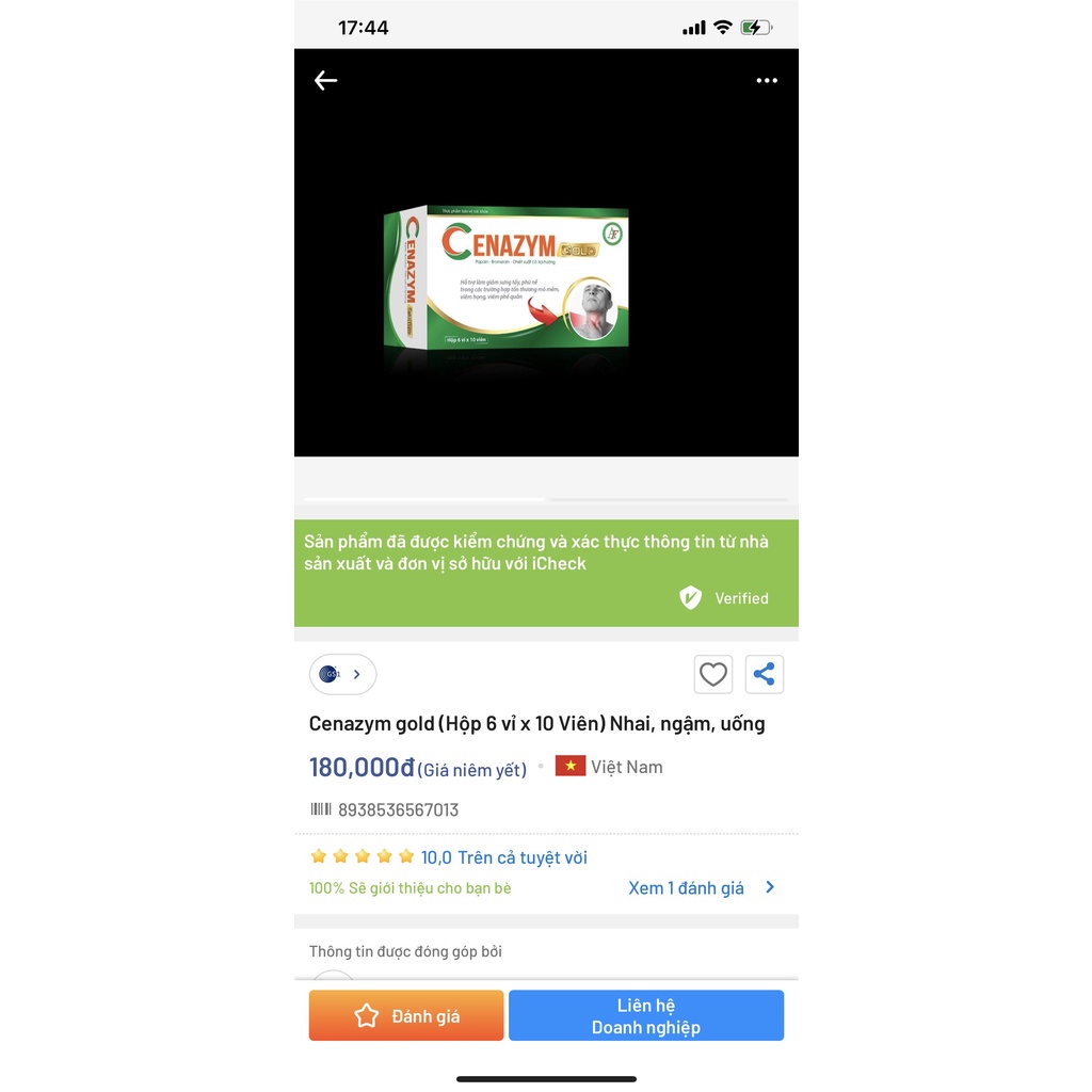 Cenazym gold Hộp 6 vỉ x 10 viên, giảm phù nề, sưng tấy do viêm họng, viêm phế quản, tổn thương mô mềm