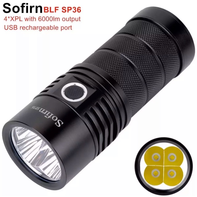 Sofirn SP36 Đèn Pin Siêu Sáng 4 Cree XP-L2 6000LM Chiếu Rộng Xa NarsilM V1.2 cổng sạc USB tiện lợi Pin 18650