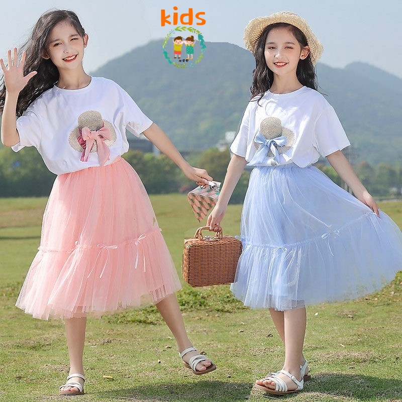 ❁✣Set Áo Thun + Chân Váy Cotton Thời Trang Mùa Hè Cho Bé Gái 5-8-10-12-13-15 Tuổi 2022