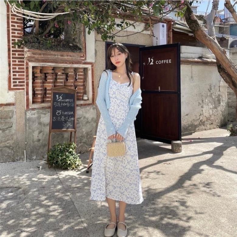 Set Váy Hoa Nhí Áo Cardigan Đầm 2 Dây Nữ Kèm Áo Khoát Dáng Ngắn Phong Cách Ulzzang Trẻ Trung Năng Động.