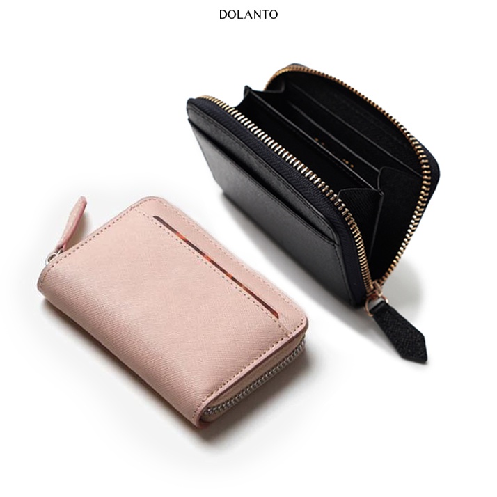 VÍ ĐỰNG THẺ NAM NỮ Mini Cardholder ZIP Vân Saffiano Nhập Khẩu Cao Cấp Nhỏ Gọn Chống Thấm Nước Thương Hiệu DOLANTO