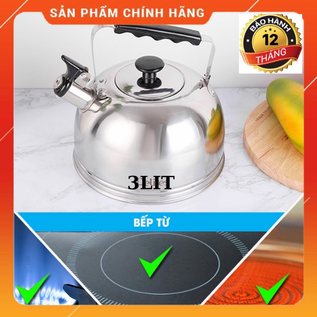 Ấm Đun Nước Inox 3 lit - Dùng Cho Bếp Từ -Bếp Ga - Hiệu Sao Sáng-Có Còi Báo Khi Nước Sôi-ấm đẹp,giá rẻ Bh 12 Tháng