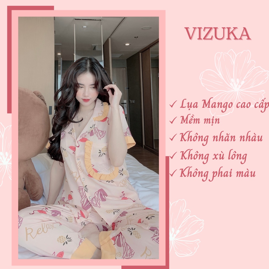 Đồ bộ nữ pijama tay ngắn lụa thiết kế mặc nhà họa tiết cute VIZUKA