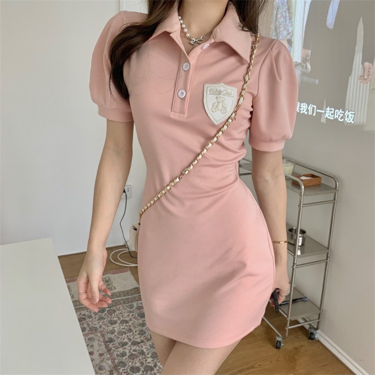 Đầm Ngắn Ôm Eo Tay Phồng Cổ Polo Thời Trang Mùa Hè Dành Cho Nữ