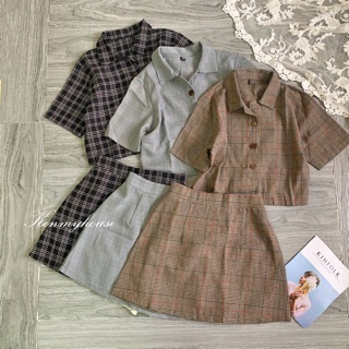 Set áo croptop và chân váy kẻ 🆕 ( hình thật )