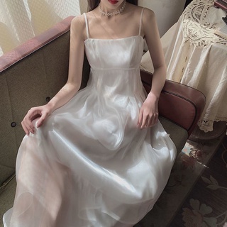 Đầm hai dây eo cao màu trắng phong cách ngọt ngào khí chất mùa hè 2021 cho nữ