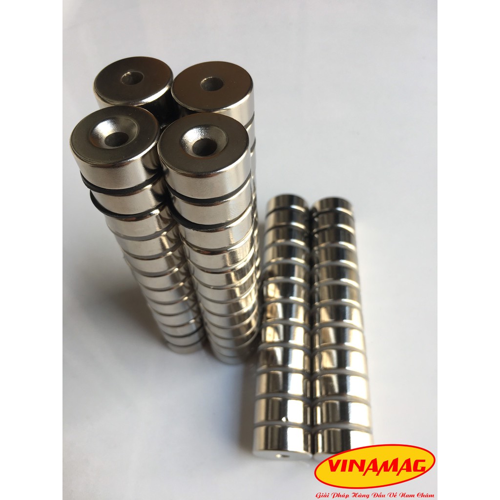 Bộ 10 Viên nam châm đất hiếm NdFeB phi tròn 25x5mm lỗ vát 6mm, nam châm trắng lực từ mạnh