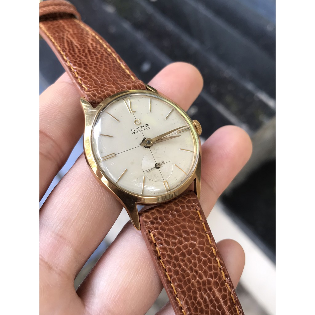 Đồng hồ nam CYMA cơ cót, có kim trôi, niềng mạ vàng, thiết kế đơn giản thanh lịch, dây da - Chính hãng