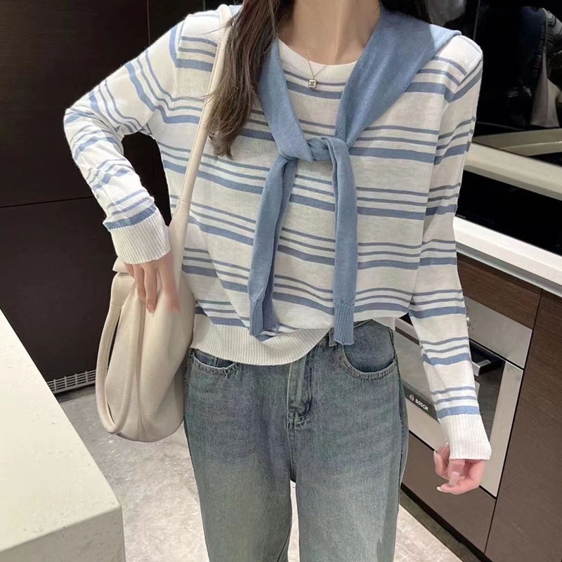 Áo kiểu SUXI dáng mỏng cổ tròn tay dài kẻ sọc kiểu Hàn Quốc xinh xắn cho nữ