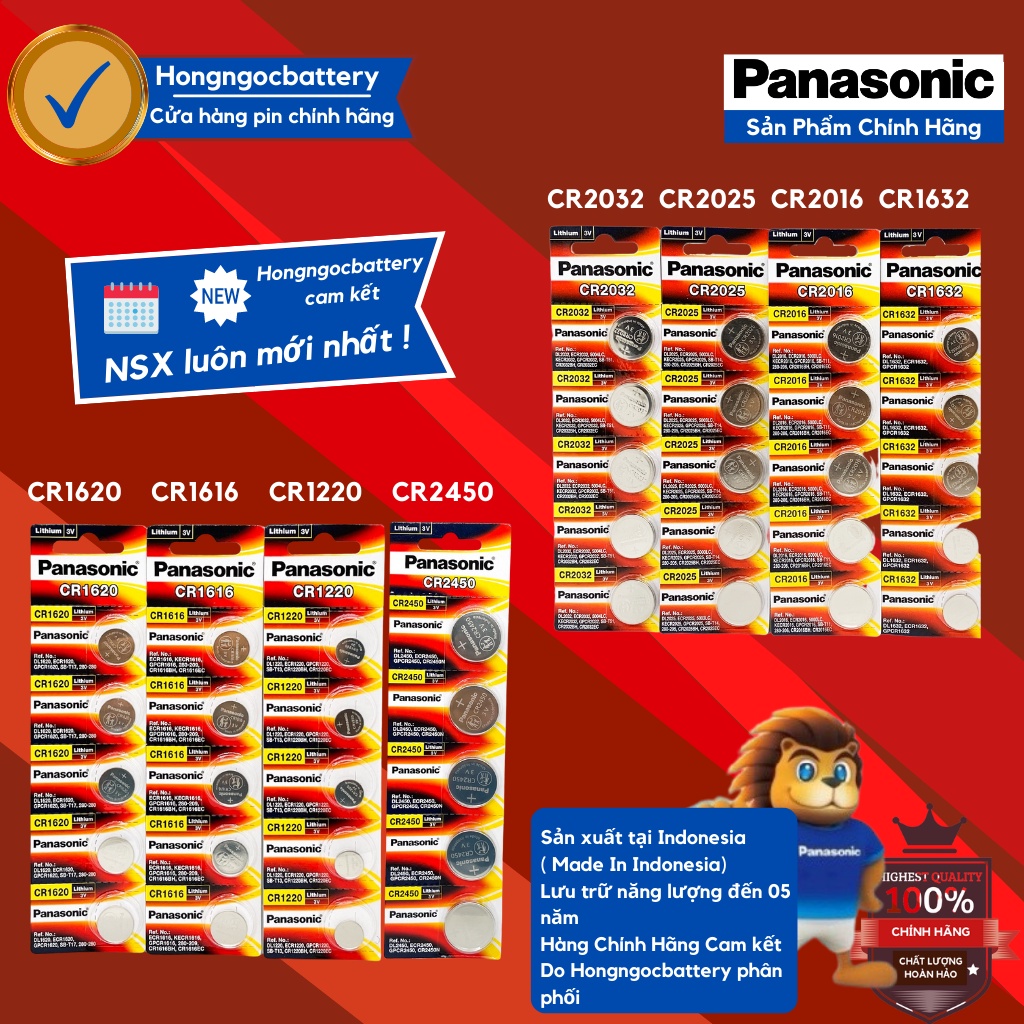 Vỉ 5 Viên Pin Panasonic CR2032 / CR2025 / CR2016 / CR1632 / CR1220 / CR1620 / CR1616 Pin 3V Lithium Made in Indonesia