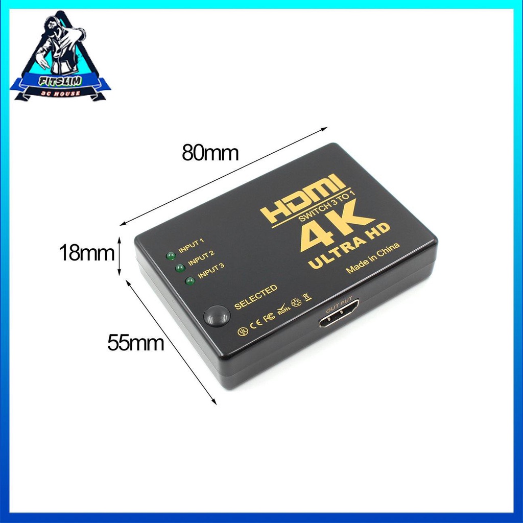 Công tắc chuyển đổi HDMI 3 đầu vào sang 1 đầu ra Bộ chia âm thanh video 4K Ultra HD