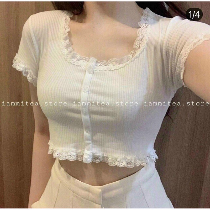 🍓🍓Áo Croptop cổ vuông, viền ren form ôm cực đẹp🍓🍓📸có hình thật tự chụp📸Ôm dáng vải mềm