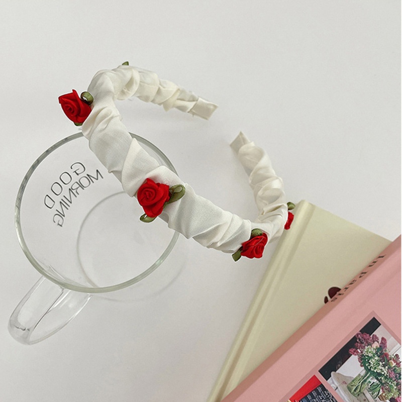 Băng Đô Cài Tóc Co Giãn Màu Trơn Đính Hoa Hồng Xếp Ly Thời Trang