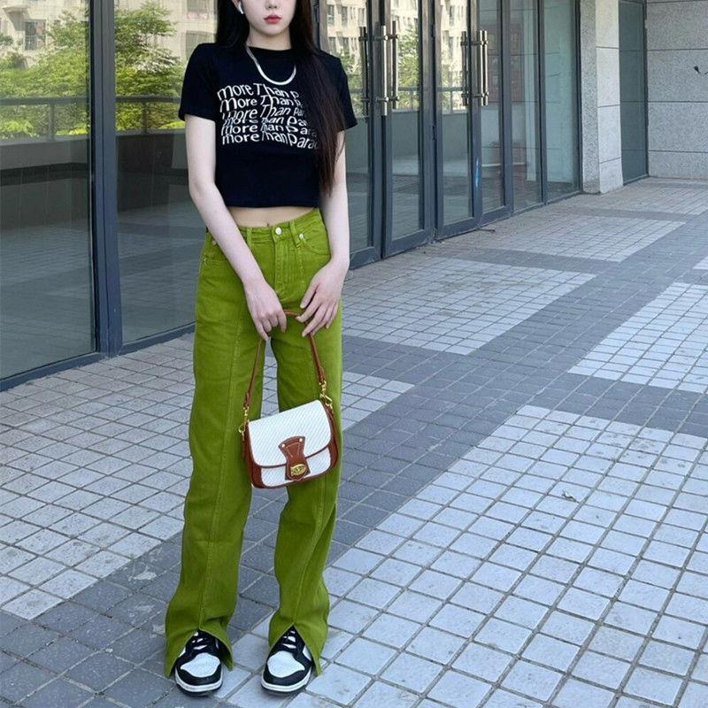 Quần Jean Ống Rộng Xẻ Tà Màu Xanh Lá Dầu Phong Cách Đường Phố Thời Trang Mùa Hè Hàng Mới Dành Cho Bạn Nữ
