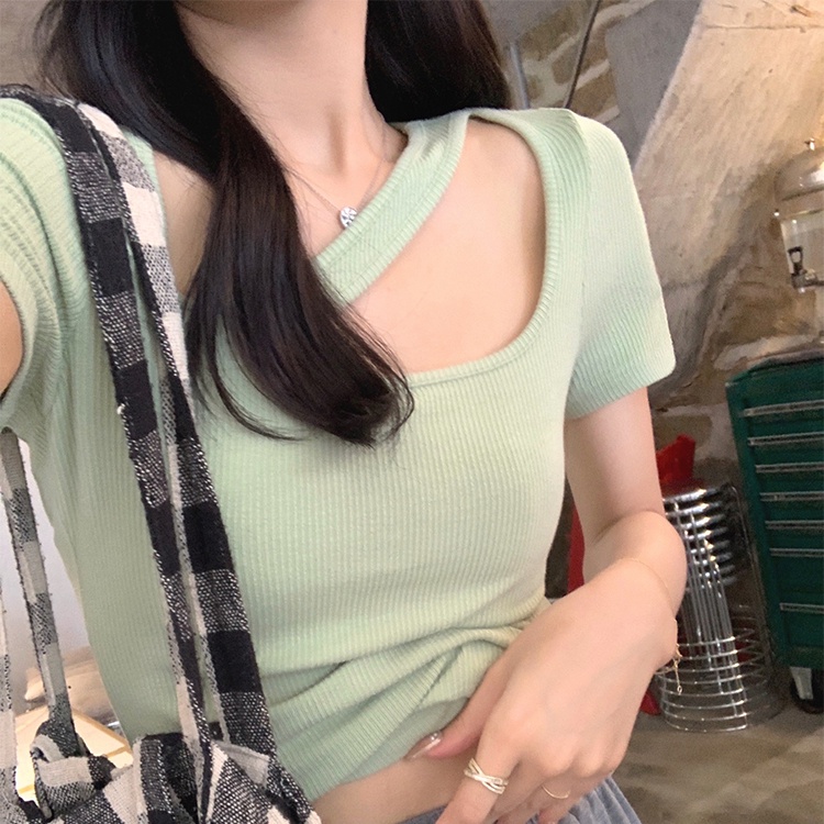 Áo Thun Dệt Kim Tay Ngắn Dáng Ôm Thiết Kế Độc Đáo Phong Cách Hàn Quốc Cho Nữ