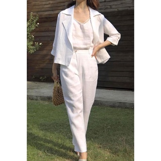 Set bộ 3 món SLINEN Áo khoác nhẹ blazer Demi công sở + Quần baggy + Áo 2 dây, chất vải Linen bột Premium - Trắng