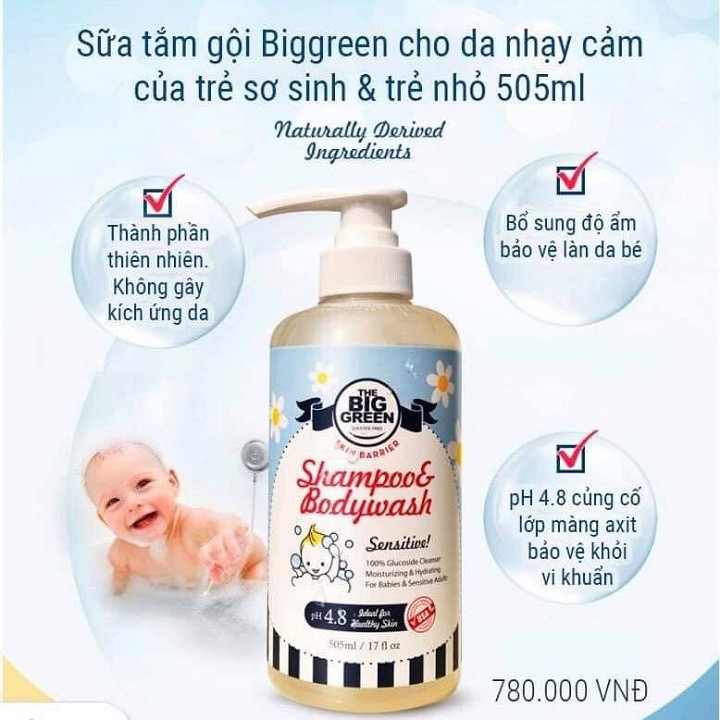 Sữa tắm gội Biggreen cho da nhạy cảm của trẻ sơ sinh &amp; trẻ nhỏ 505ml