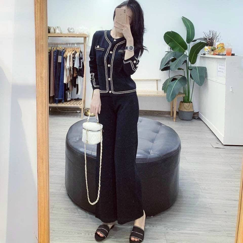 Set len phối viền dài tay quần dài ống rộng chất len quảng châu siêu đẹp siêu điệu đà - Bộ thu đông nữ