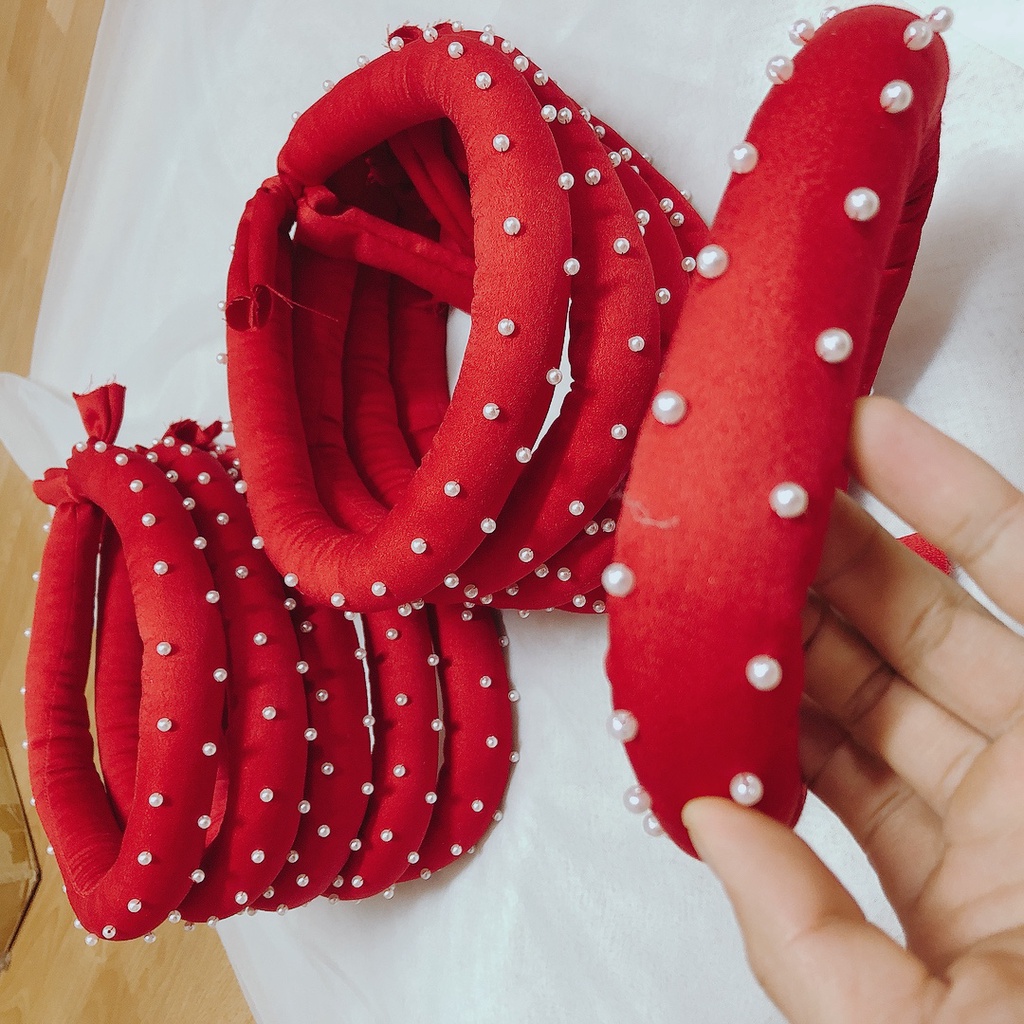 Mấn tròn đội đầu đính hạt trai màu đỏ siêu xinh