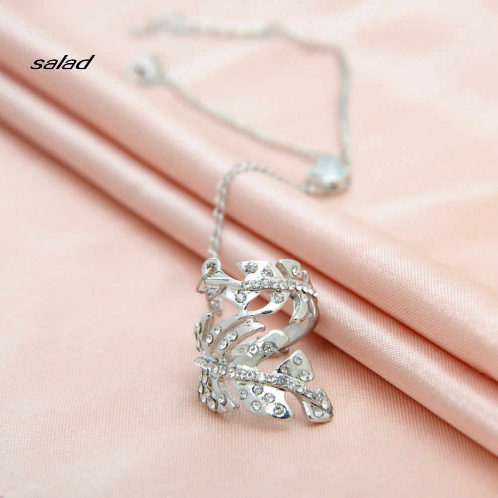 【SD】Fashion Women Rhinestone Golden Leaf Bracelet Chain Ring Integrated Jewelry