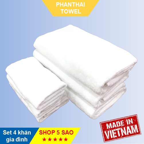 [Combo gia đình 03] Set 4 khăn: 1 tắm lớn, 1 lau tóc, 2 mặt trắng chất liệu sợi bông/ cotton - Sang sịn mịn