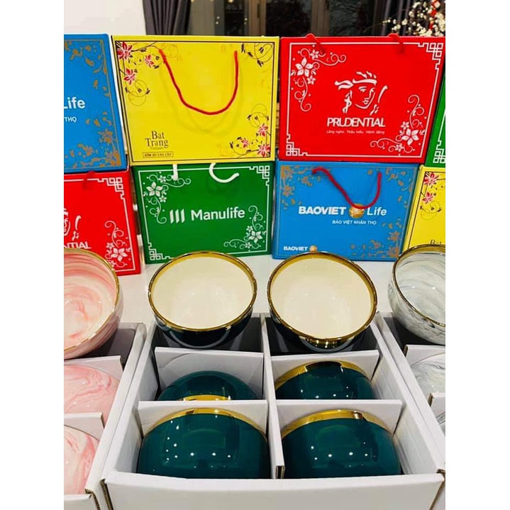 ( Có sẵn ) Bộ 6 bát sứ xanh viền vàng cao cấp happy life ( tặng kèm đũa)