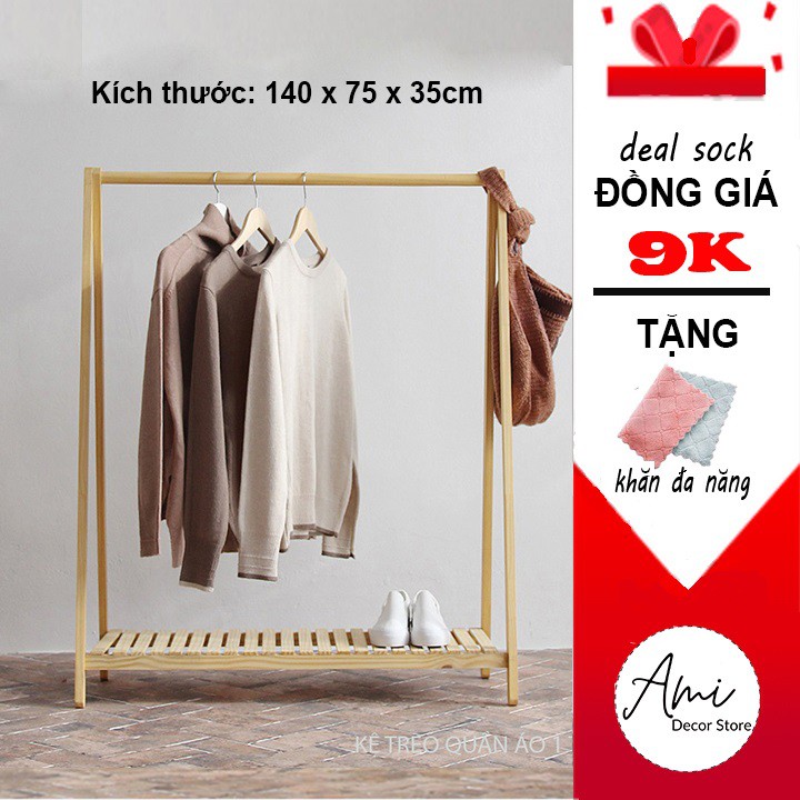 Kệ gỗ treo quần áo 1 tầng gỗ thông decor trang trí shop thời trang, giá treo phòng ngủ - Xào phơi đồ gỗ 140 x 75 x 35cm